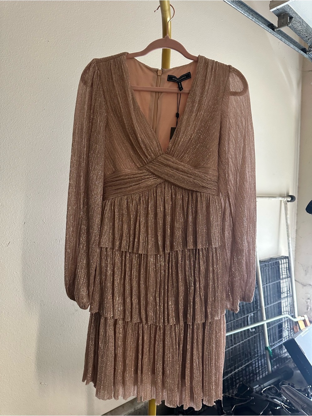 BCBGMaxAzria Dominic Metallic Tiered Evening
Dress in Rose Gold